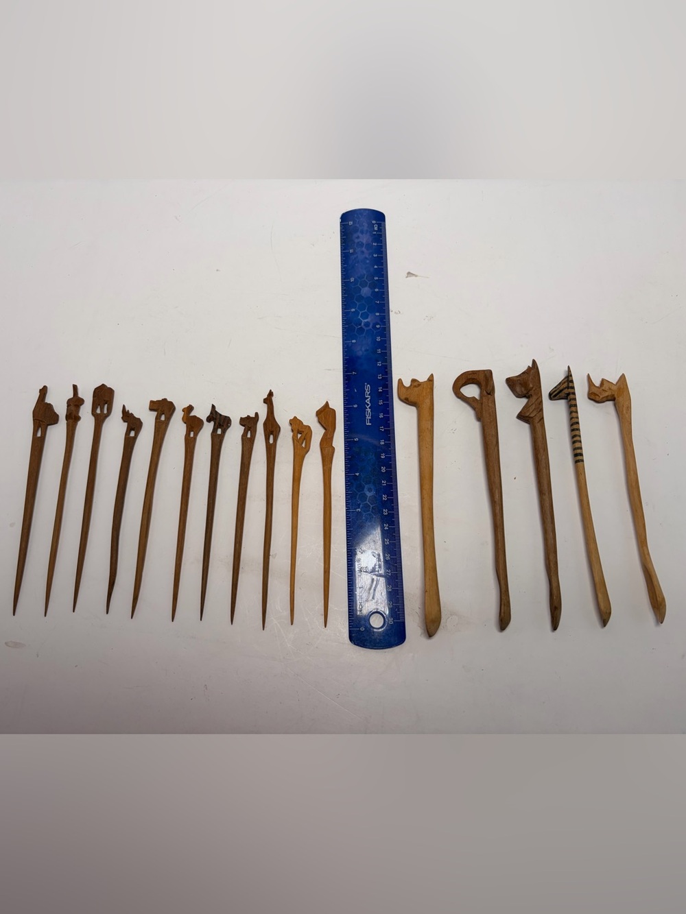 Vintage Hand Carved Wood Hair Sticks Pins Lot of 16 Animal Bird Folk Art